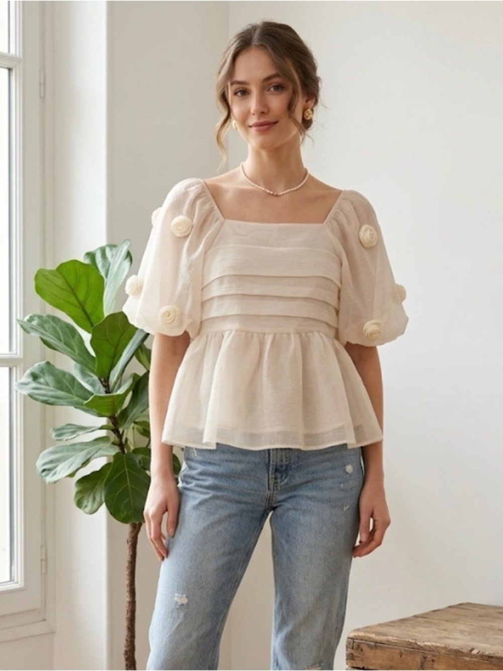 Cocobleu Square-Neck Cream Peplum Puff-Sleeve Blouse Sz S